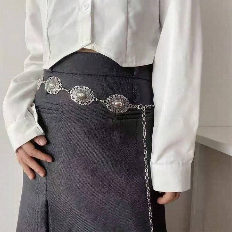 1pc Women's Metal Carved Bohemian Western Vintage Waist Chain, Casual Versatile Fashion - Silver Large Flower Waist Chain - View 1