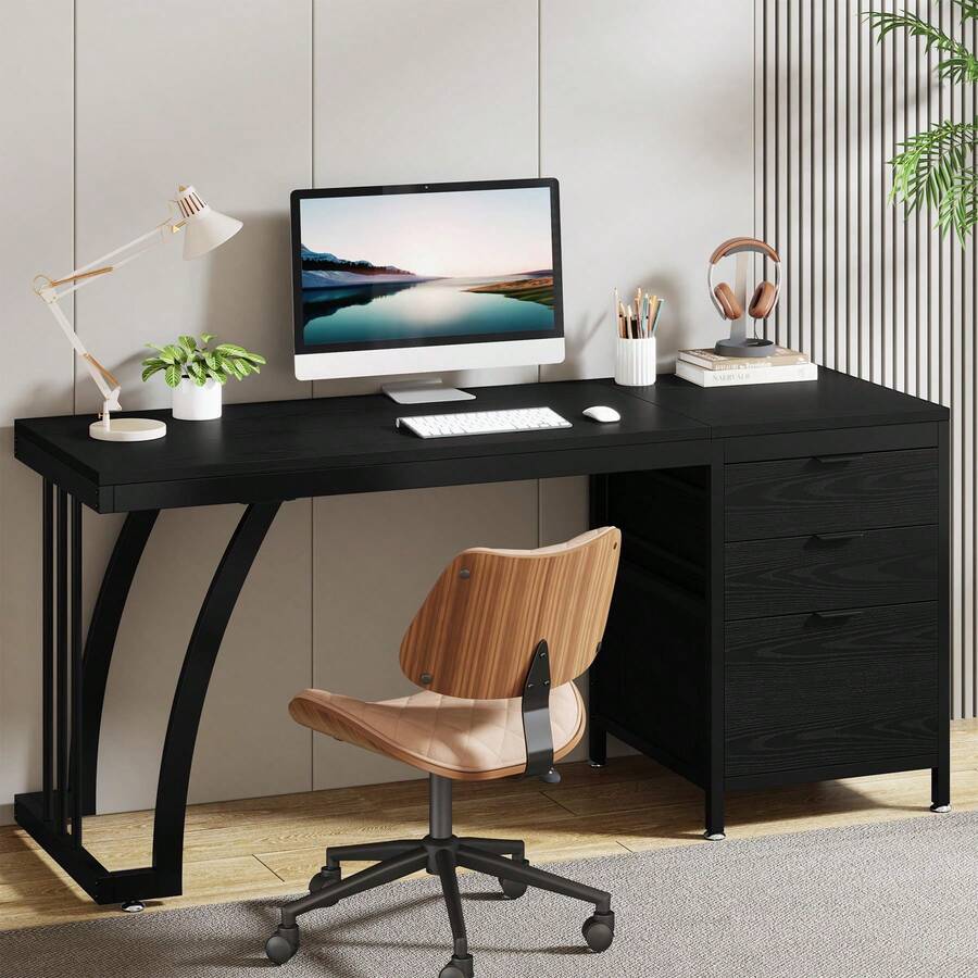 LITTLE TREE Computer Desk With 3 Drawers, 59-Inch PC Desk With Reversible Drawers, Industrial Study Writing Table Workstation With File Storage For Home Office - A - View 1