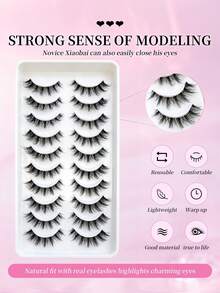 10 Pairs Fox Eye Full‑Strip False Eyelashes, Flared Winged Corner Lashes Thick End‑Extended Cat Eye Design For Eye Lash Extension Daily Party Women Makeup - Black - View 5