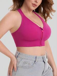 Women Plus Size Seamless Front Zip Y-Back Cutout Layering Bralette Lounge Sleep Fitness Activewear - Hot Pink - View 6