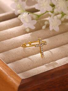 1 chiếc/1 bộ nhẫn hở đính đá hình chữ thập cho nữ, nhẫn thép không gỉ mạ vàng 18K, trang sức đeo hằng ngày dự tiệc có thể xếp chồng - Vàng - Xem 2