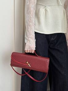 Women's Vintage Minimalist Faux Woven Texture Angora Red Retro Flap Lock Large Capacity Clutch Bag - Red - View 4