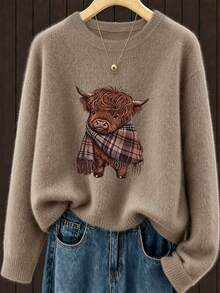 Autumn/Winter Essential: Cute Highland Cow Plaid Knit Scarf, Casual & Warm, With Adorable Animal Pattern, Elevate Your Seasonal Look - Earth Gray - View 2
