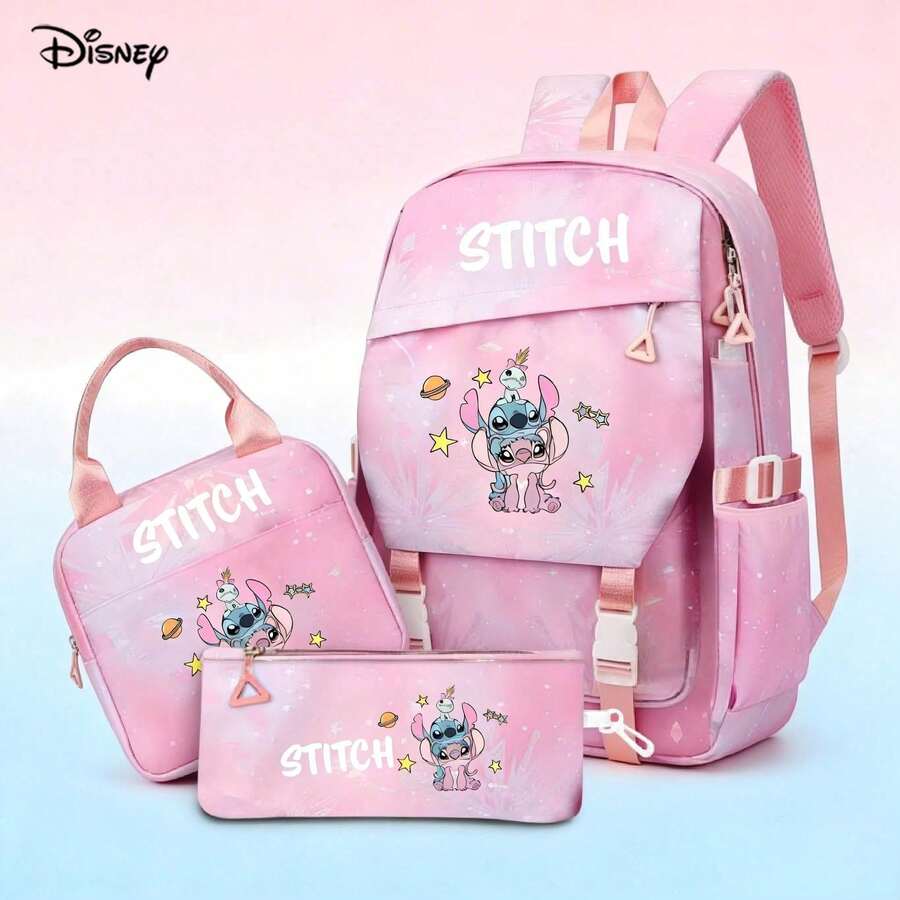 Miniso Disney Stitch & Angel 3-Piece School Backpack Set, Includes Backpack, Insulated Lunch Bag And Pencil Case, Cute Lilo & Stitch Print, Perfect Back To School Gift For Boys And Girls - Pink - View 1