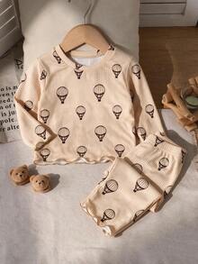Autumn And Winter Baby Girl Cute Style Parachute Pattern Long Sleeve Long Pants Sleepwear 2 Pieces Set,Soft Fabric, Home Leisure,Baby Girl Home Clothes - Brown - View 3