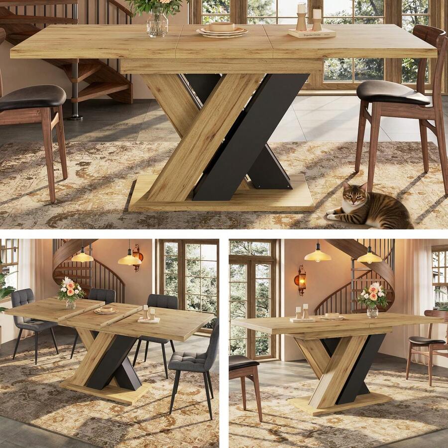 Dining Table Telescopic Table ,  Kitchen Table, Extendable To 119-158.5cm With Aid Of Internal Insert Panels, Kitchen And Living Room, Wood-Colored Dining Table With X-Shaped - 1 - View 1