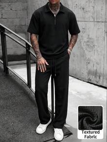 Men's Vintage Textured Casual Solid Color Drawstring Short Sleeve Top And Long Pants 2-Piece Set - Black - View 4