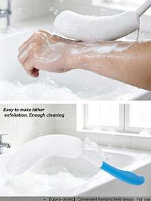 1pc Blue & White Ergonomic Long Curved Handle Bath Brush, Nylon Mesh Exfoliating Body Brush With Hanging Loop, Gentle Foaming Back Scrubber For Bathroom Shower Daily Home Use - Multicolor - View 2