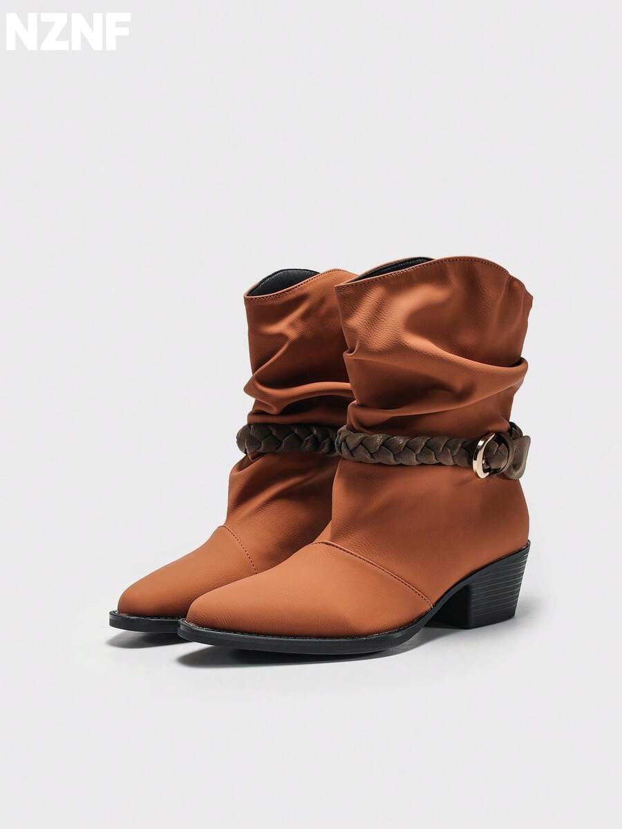 NZNF 1 Pair Contrast Color Western Style Buckle Thick Sole Slip-On Women's Retro Knight Boots Matte Chunky Heel Mid-Calf Boots Outdoor - Burnt Orange - View 1