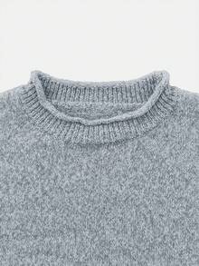 Women's Round Neck Solid Light Gray Drop Shoulder Ribbed Long Sleeve Loose Short Knit Pullover, Roll Collar Design, Casual Top For Autumn/Winter - Grey - View 6