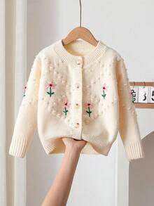 Baby Girl Cute Embroidered Button Knit Long Sleeve Cardigan - Apricot - View 1