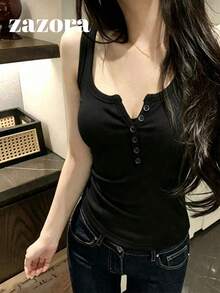 韓式簡約性感U領鈕扣針織背心女款休閒四季款 - 黑色 - 查看 5