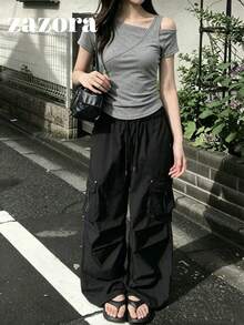 韓式風格夏季不對稱露肩 2合1 修身拼接短袖女款休閒T恤 - 灰色 - 查看 6