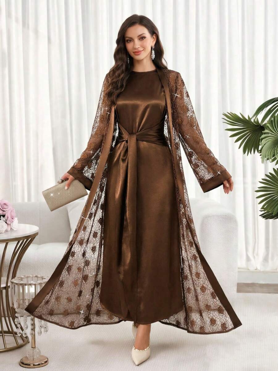 Women's Elegant Floral Lace Sheer Maxi Robe, Vacation Style - Brown - View 1