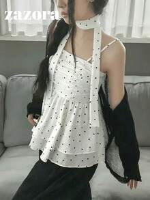 波點荷葉邊無袖上衣 甜美酷女孩細肩帶繫帶寬鬆背心 夏日休閒白色女裝 - 白色 - 查看 8