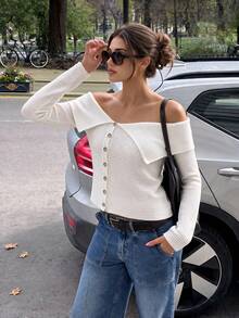 French Style Cold Shoulder Hollow Knit Slim Fit Women's Top, Spring/Autumn New Arrival, Suitable For Date, Vacation, Daily Wear And Commute - White - View 2