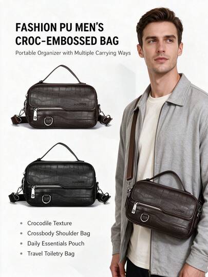 1pc Men's Crocodile Pattern PU Crossbody Bag, Vintage Style Travel Organizer Bag, Toiletry Bag, Clutch Bag, Travel & Commute, Gift For Boyfriend