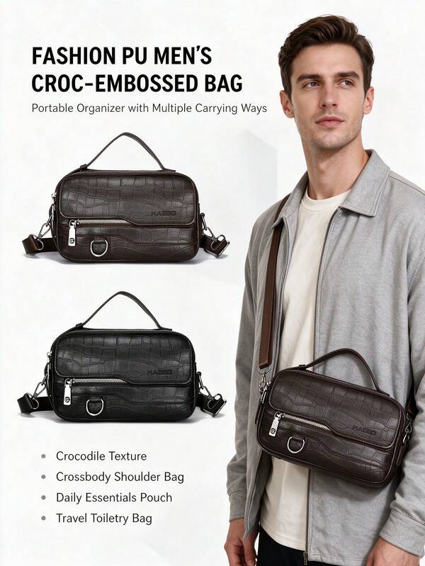 1pc Men's Crocodile Pattern PU Crossbody Bag, Vintage Style Travel Organizer Bag, Toiletry Bag, Clutch Bag, Travel & Commute, Gift For Boyfriend