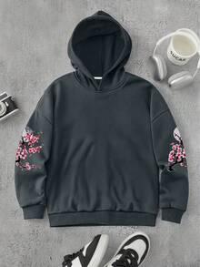 Japanese Street Style Cherry Blossom Print Sweatshirt, Versatile Spring/Autumn/Winter Top For Teenage Boys - Dark Grey - View 3