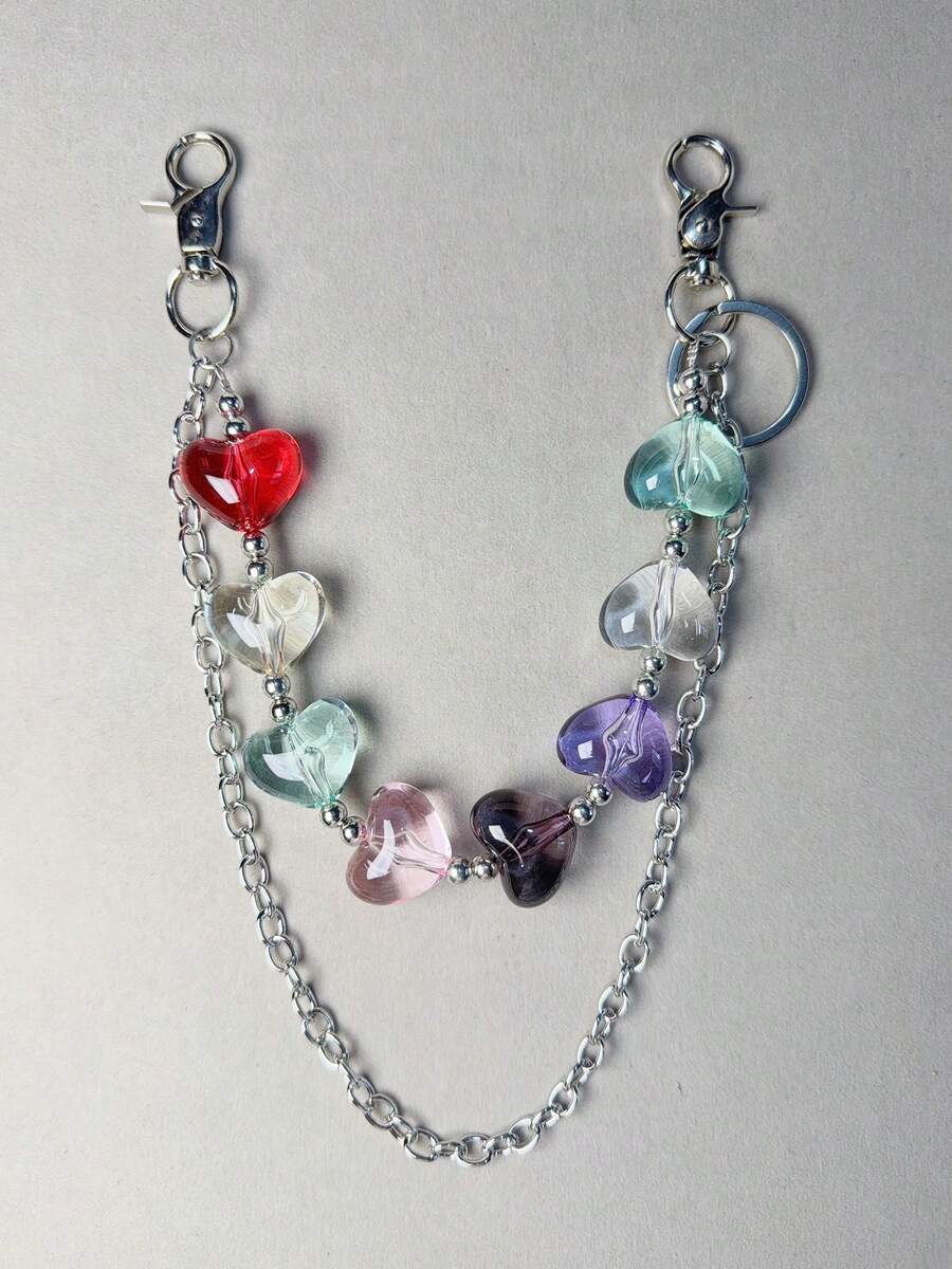 1pc Heart-Shaped Artificial Crystal Double Layer Chain Waist Chain Punk Hip Hop Unisex Pocket Chain Keychain Wallet Chain Luxury Accessory Holiday Gift - Multicolor - View 1