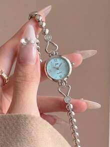 gedi 1pc Fashion Women's Alloy Bracelet Watch, Elegant Vintage, Round Dial With Heart-Shaped Rhinestone Chain, Suitable For Various Occasions, Ideal Holiday Gift - Pink - View 2
