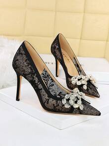 European & American Style Sexy Party High Heel Pumps For Women, Lace Mesh Rhinestone Bow Pointed Toe Low Vamp Shoes - Black - View 3