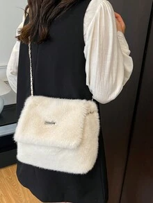 Autumn/Winter New Plush Bag, Solid Color Minimalist Flap Plush Bag, Lightweight Large Capacity Shoulder Crossbody Women's Bag, Chain Square Design, Suitable For Women's Daily Use - White - View 9