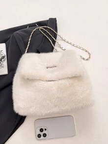 Autumn/Winter New Plush Bag, Solid Color Minimalist Flap Plush Bag, Lightweight Large Capacity Shoulder Crossbody Women's Bag, Chain Square Design, Suitable For Women's Daily Use - White - View 5