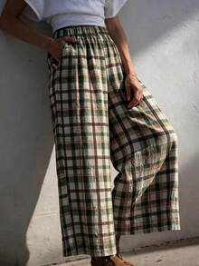 Celana Panjang Wanita Motif Kotak-kotak Tenun dengan Kaki Lebar dan Saku, Celana Panjang Kasual Longgar, Cocok untuk Musim Gugur - MultiWarna - View 3