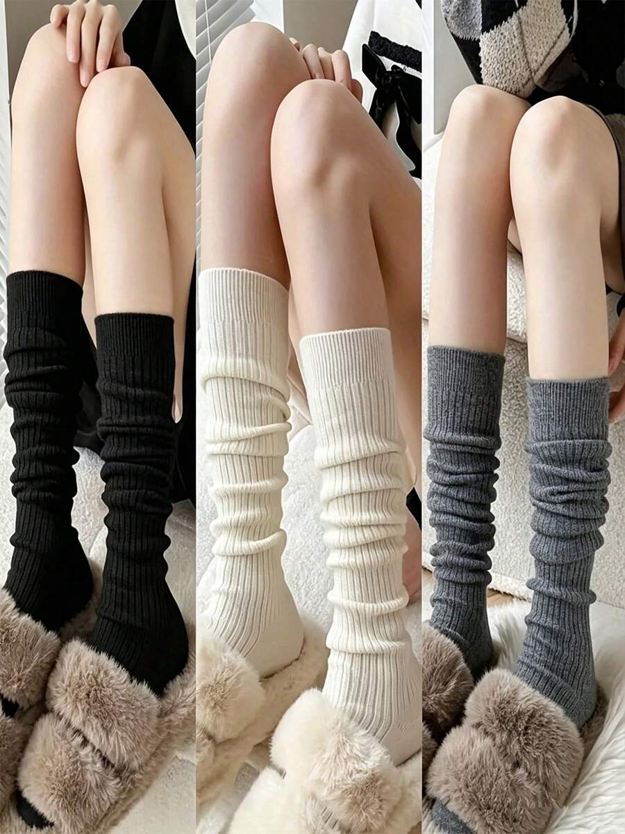 3 Colors Women's Classic Versatile Ribbed Loose Mid-Calf Socks, Solid Color Soft Knit Socks, Comfortable Ballet Style Preppy Casual Socks For Autumn/Winter - Multicolor - View 1