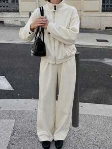 Women's Casual Cream Color 2 Pieces Set, Autumn/Winter Wool Fabric, Includes Zipper Jacket And Wide Leg Pants, Vintage Daily Outfit Set, With Pockets - Apricot - View 2