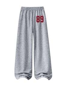 Girls And Teens Gray Crew Neck Sweatshirt With Creative Letter Combination Graphic Paired With Gray Wide Leg Pants, Fashionable And Versatile, Minimalist Yet Stylish Design Makes It An Ideal Choice For Casual Daily Wear, Especially Suitable For Autumn And Winter - Grey - View 5