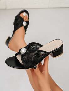 1 Pair Women's Elegant Floral Lace Large Pearl Decor Open Toe Slip-On Sandals, Wedding Summer Women's Sandals - Black - View 1