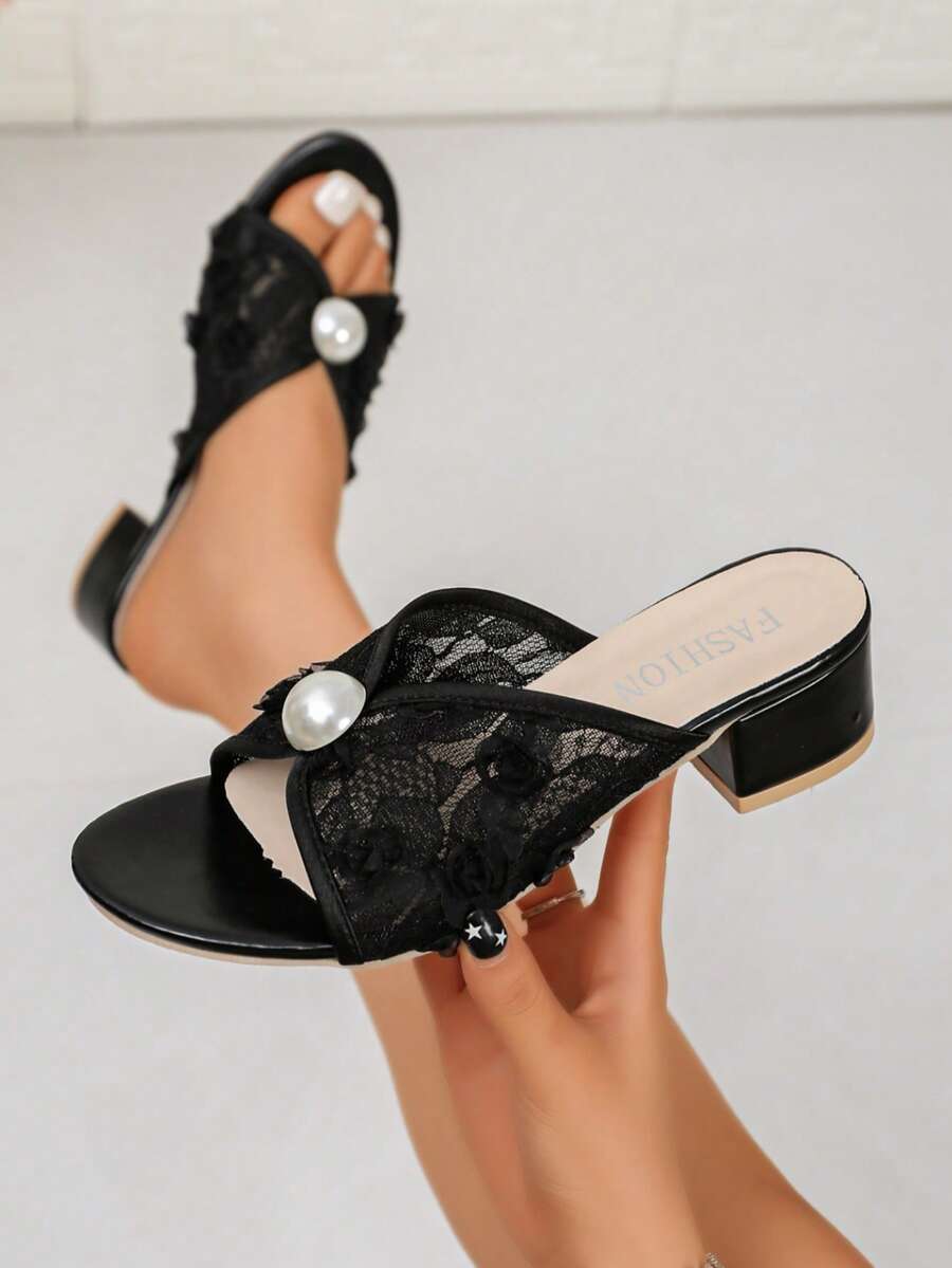 1 Pair Women's Elegant Floral Lace Large Pearl Decor Open Toe Slip-On Sandals, Wedding Summer Women's Sandals - Black - View 1