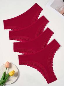 4pcs Women's Burgundy Lace Trim Ribbed Comfortable Minimalist Solid Color Thong - Burgundy - View 6