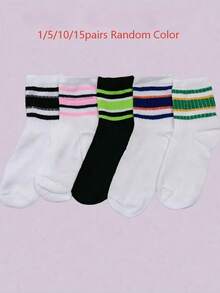 10 Pairs Women's Random Color Striped Breathable Comfortable All-Season Street Casual Fashion Mid-Calf Socks - Multicolor - View 6
