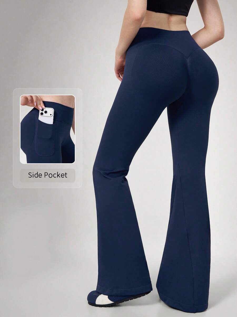 NcmRyu Celana Panjang Wanita 1 Potong Warna Blok dengan Lipatan Pinggang Tinggi untuk Lari, Gym, dan Yoga dengan Potongan Kaki Melebar - Navy Blue - View 1