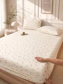 1 buah Sprei Fitted Motif Bunga Tulip Putih, Pelindung Kasur, Penutup Kasur, Lembut dan Bernapas, Cocok untuk Semua Ukuran Kasur - Twin, Full, Queen, King, Kantong Dalam Hingga 11,8 Inci - Putih - View 5