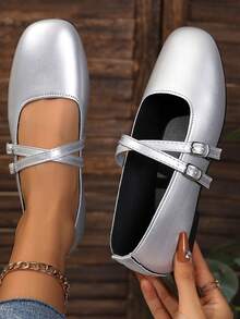 rlyza Cross Strap Mary Jane Flat Shoes For Women Square Toe Low Vamp Retro Niche Sweet Cool Style Versatile Shoes - Silver - View 4