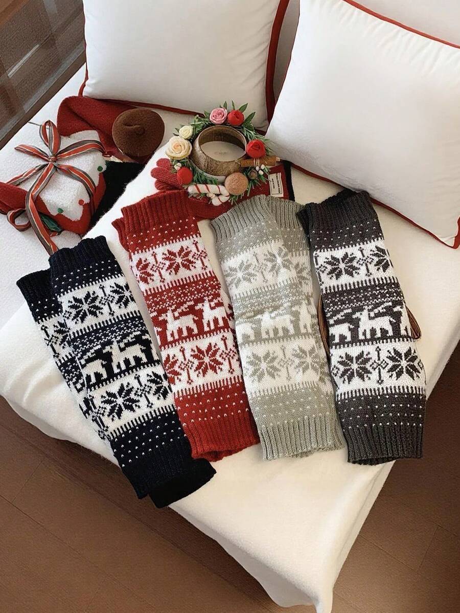 1 Pair Random Women Fair Isle Knit Leg Warmers, Christmas Snowflake Reindeer Pattern Fall Winter Warm Leg Covers - Multicolor - View 1