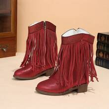 Sepatu Boots Anak Perempuan Gaya Western dengan Rumbai, Hak Tinggi, Nyaman dan Serbaguna, Desain Colorblock, Ujung Runcing, Resleting Samping, Panjang Tengah Betis, Kasual - Merah - View 1