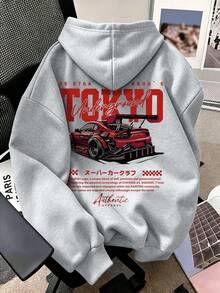 Teen Girls Hooded Sweatshirt, Red Letter And Red Sports Car Print, Soft And Machine Washable, Suitable For Travel, School And Shopping - Grey - View 3