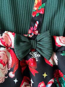 Young Girls Christmas Girls' Holiday Style Contrast Color Ruffle 2 In 1 Pinafore Dress, Autumn/Winter Long Sleeve Cute Bow Decor Round Neck Christmas Tree Santa Claus Gift Box Bow Candy Cane Bell Print A-Line Dress - Dark Green - View 9