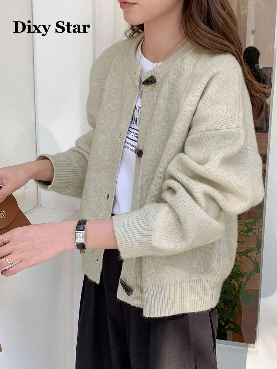 Áo cardigan len nữ phong cách Hàn Quốc cao cấp thanh lịch, dáng rộng, cài cúc sừng, áo khoác len dệt kim đa năng - Màu Khaki - Xem 1