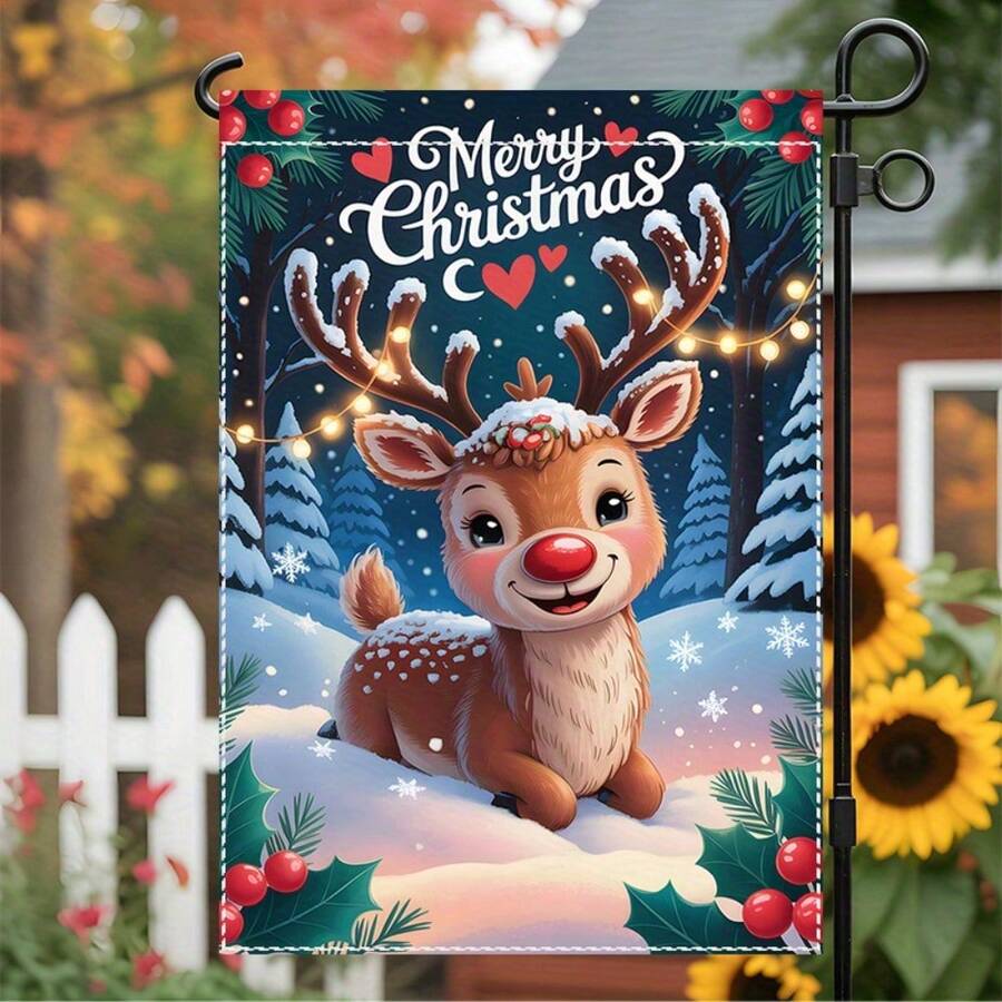 2D Flat Design - Single Piece 2D Flat Design - Flat 2D Design, Christmas Reindeer Welcome Garden Flag, No Flag Pole, Size 12X18 Inches, Durable Polyester Material, Suitable For Yard Decoration, Single-Sided Printing, No Flag Pole Included