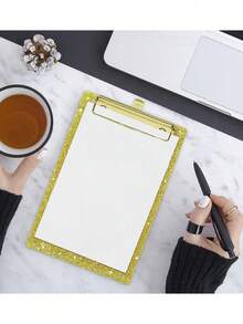 1pc Sparkly Pink Glitter Acrylic Clipboard, Portable Golden‑Clip Writing Board, Decorative Light‑Weight Document Holder For School, Office & Travel Note‑Taking & Paper Organizing - Rectangle - View 5