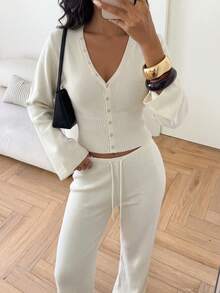 Women's Autumn/Winter New Fashion Casual Versatile Deep V-Neck Button Knit Cardigan & Long Pants 2 Pieces Set - Off-white - View 2