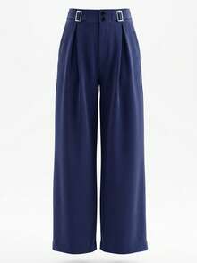 Women's Autumn High Waist Metal Buckle Detail Wide Leg Pants, Navy Blue Pleated Wide Leg Trousers Suitable For Office And Daily Commute - Navy Blue - View 2