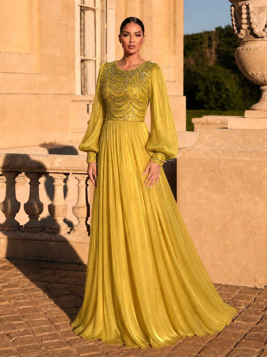UNITHORSE [Random Cut]Round Neck Lantern Sleeve Cinched Waist Sequin Patchwork Faux Evening Dress - Yellow - View 1
