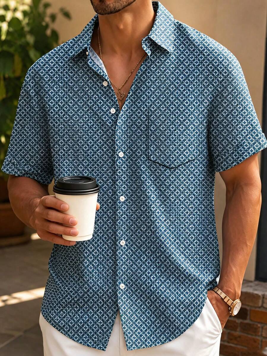 Retro Casual Plaid Geometric 3D Digital Print Plus Size Men Short Sleeve Button Pocket Shirt - Navy Blue - View 1